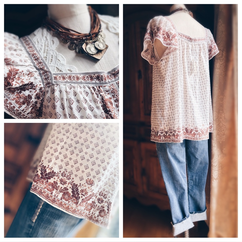 Max Studio Boho Peasant Blouse Floral Print Square Neck L NWT - Picture 4 of 15